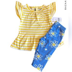 🌸 NWT Baby Girl Daisy blue pant set with yellow striped top carters size 6 mon